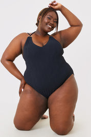 Double Strap Ring Detail Control Crinkle Swimsuit
