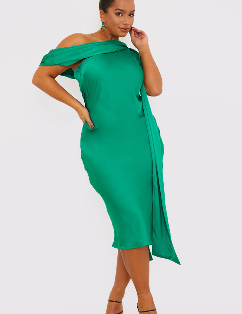 Satin Asymmetric Neckline Midi Dress
