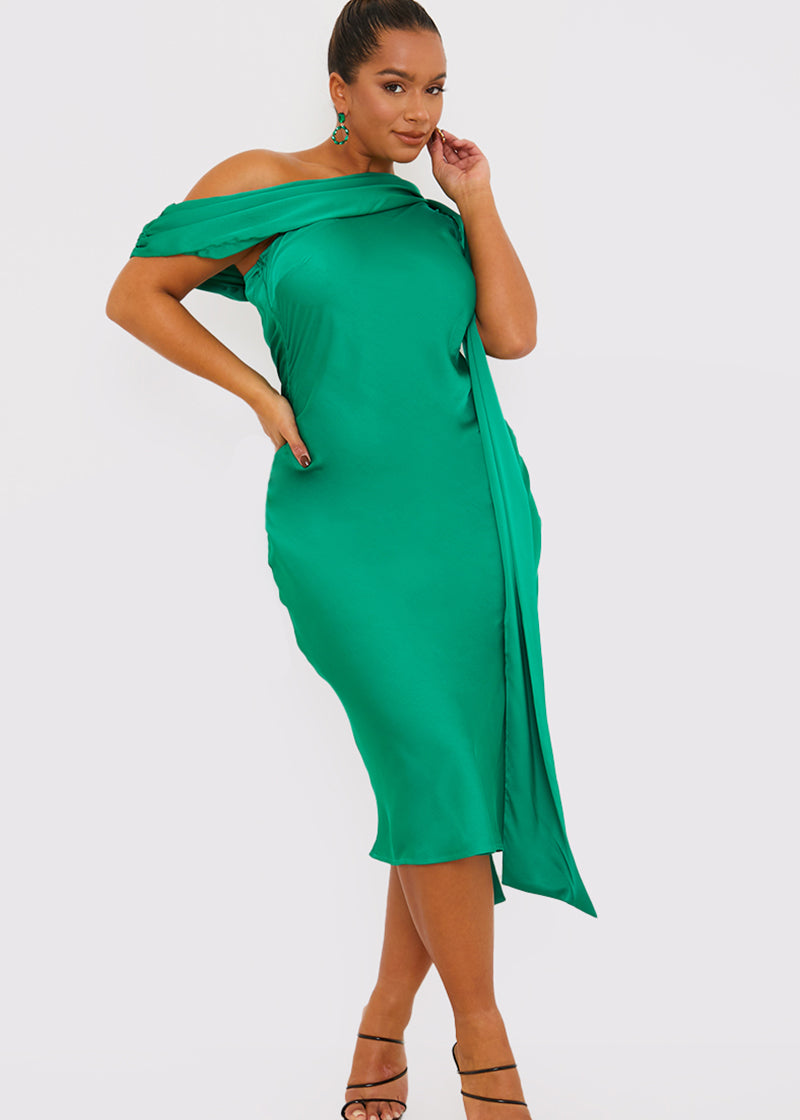 Satin Asymmetric Neckline Midi Dress