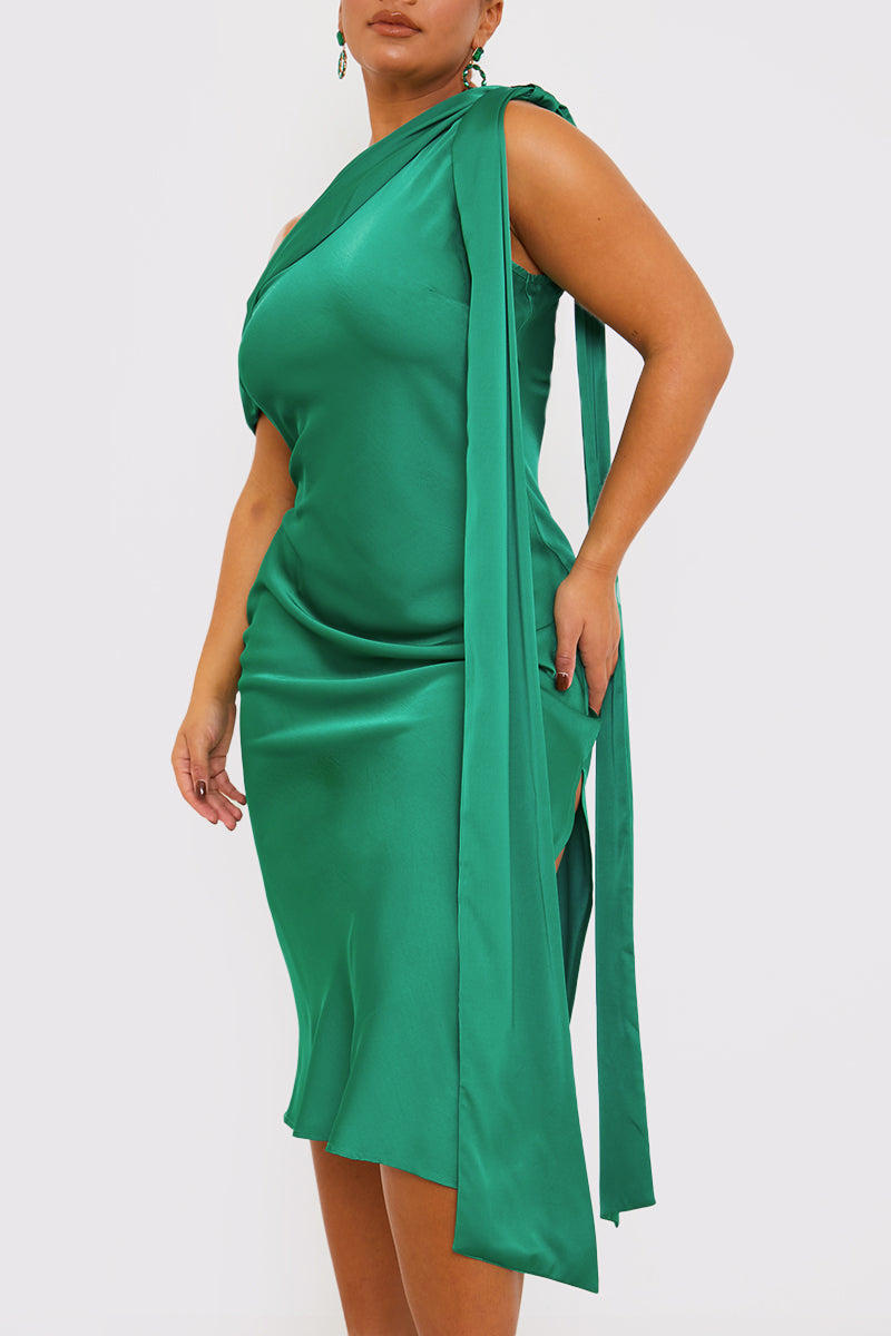 Green Satin Asymmetric Neckline Midi Dress – InTheStyle