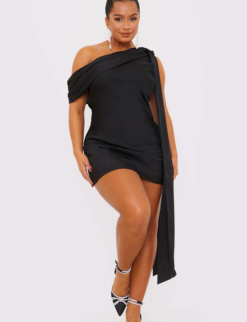 Satin Asymmetric Neckline Mini Dress