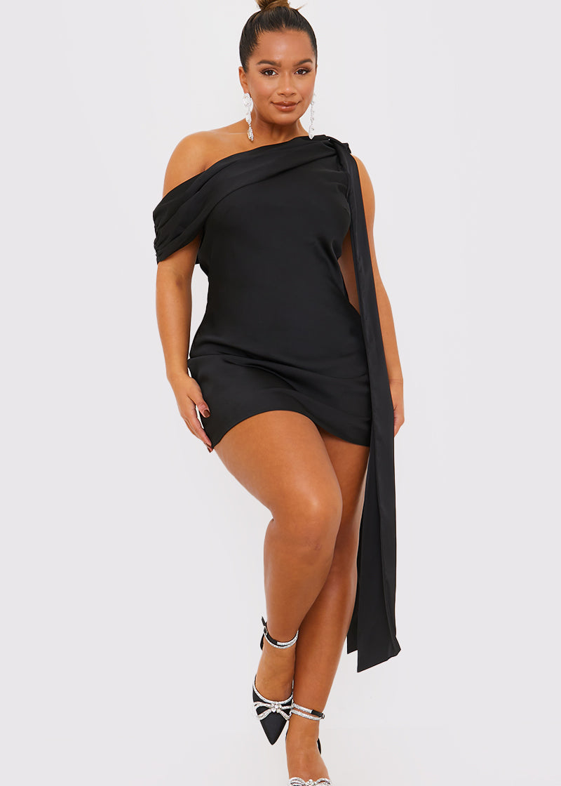 Satin Asymmetric Neckline Mini Dress