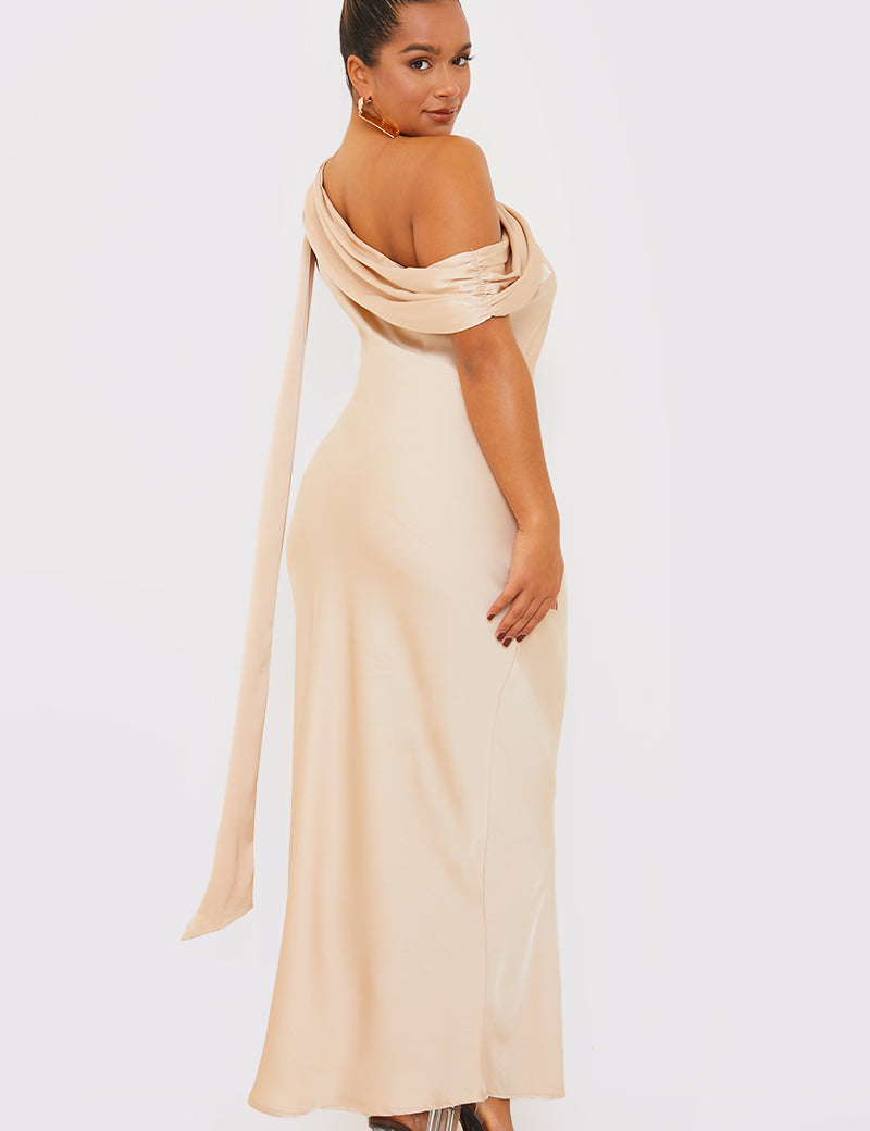 Asymmetric Draped Neckline Maxi Dress