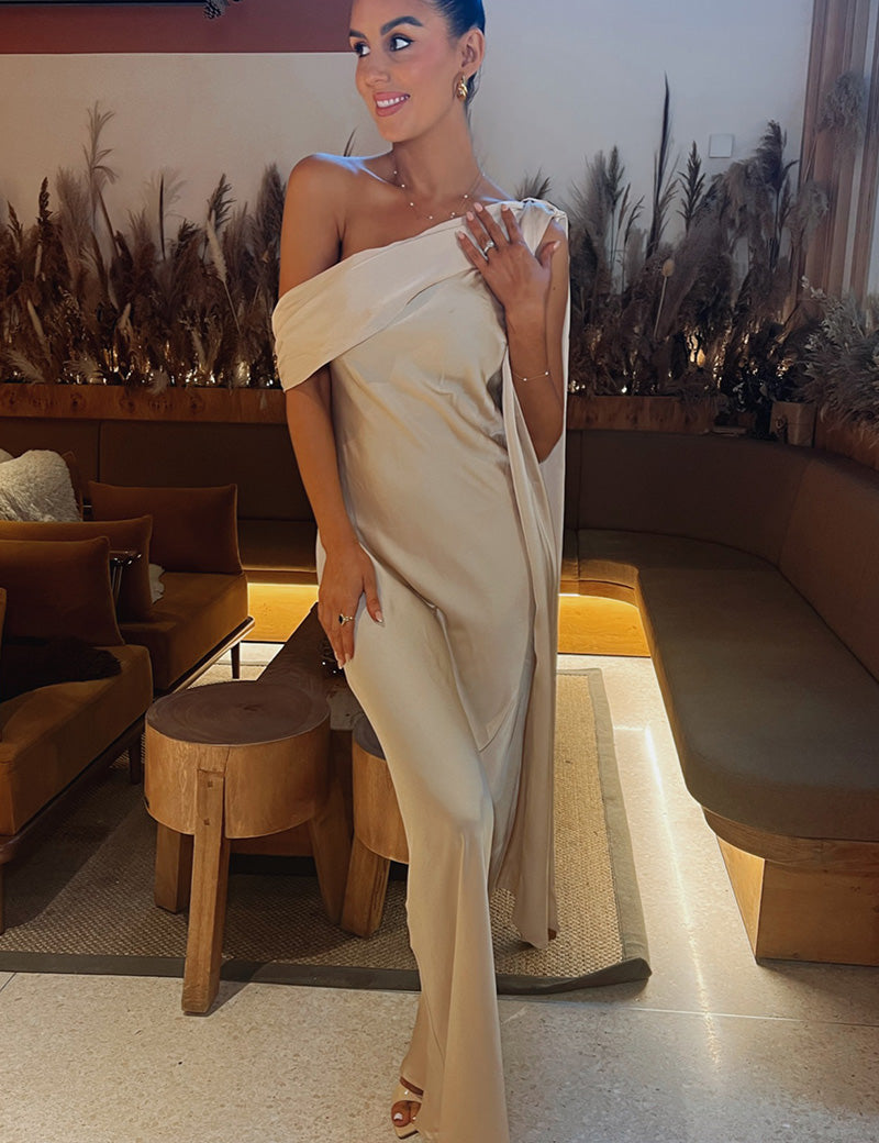 Asymmetric Draped Neckline Maxi Dress