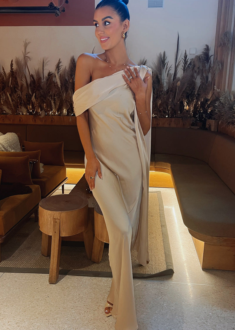 Asymmetric Draped Neckline Maxi Dress