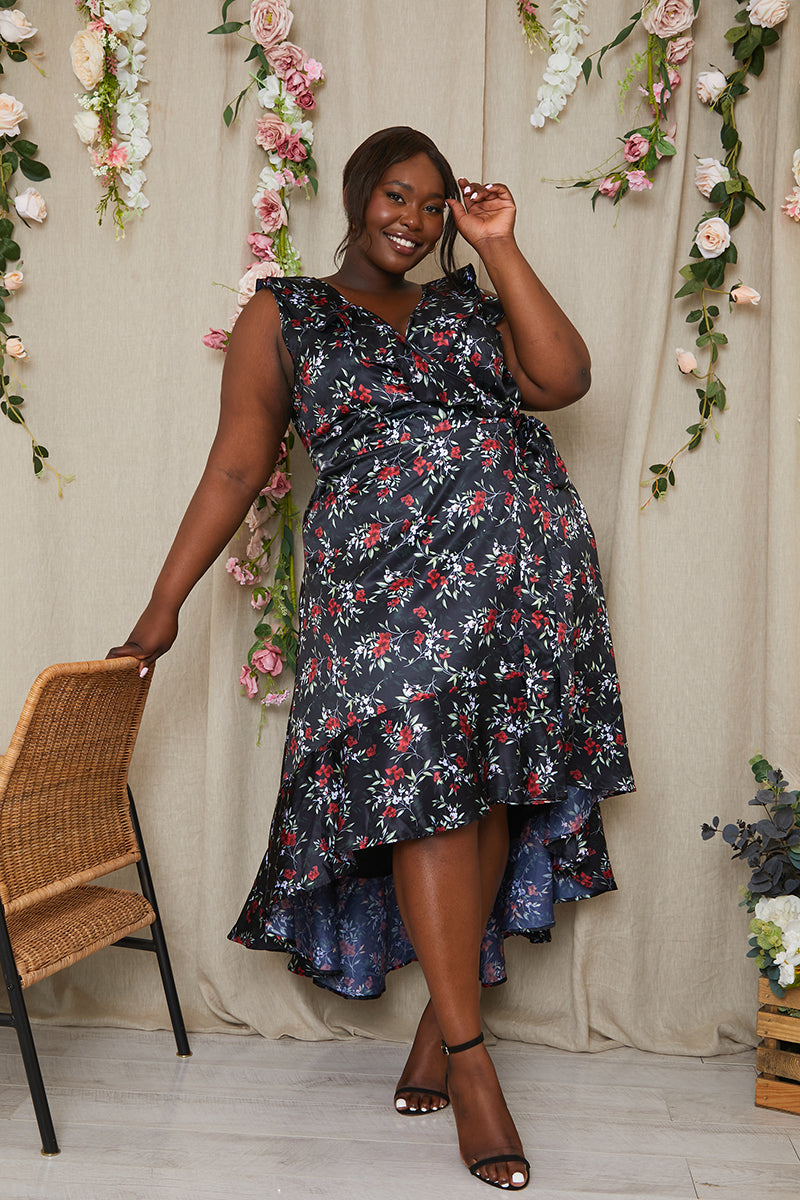 Floral Recycled Frill Dipped Hem Wrap Dress