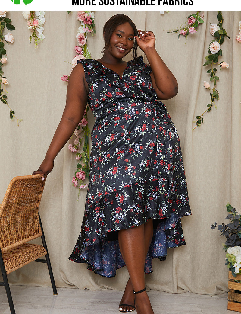 Floral Recycled Frill Dipped Hem Wrap Dress