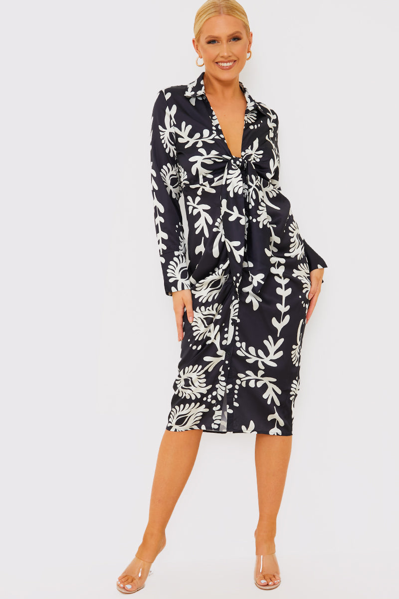 Leaf Print Plunge Tie Front Midi Shirt Dress