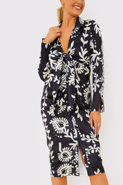 Leaf Print Plunge Tie Front Midi Shirt Dress