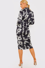 Leaf Print Plunge Tie Front Midi Shirt Dress