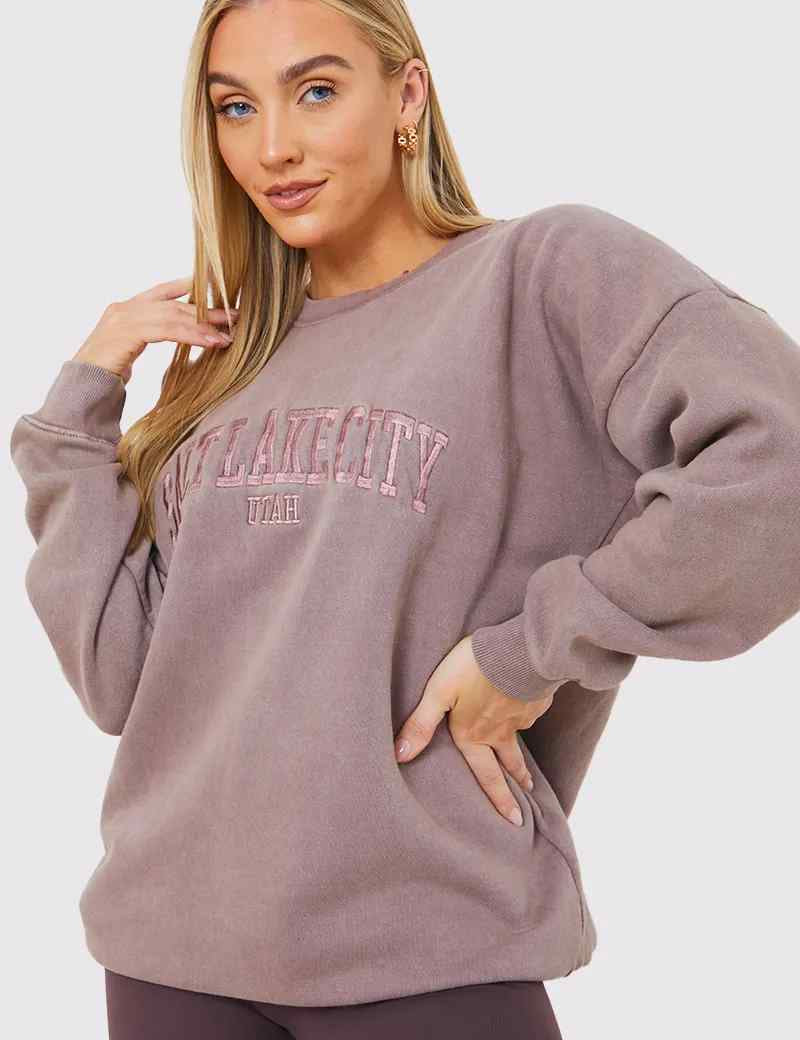 'Salt Lake City' Acid Wash Slogan Sweater