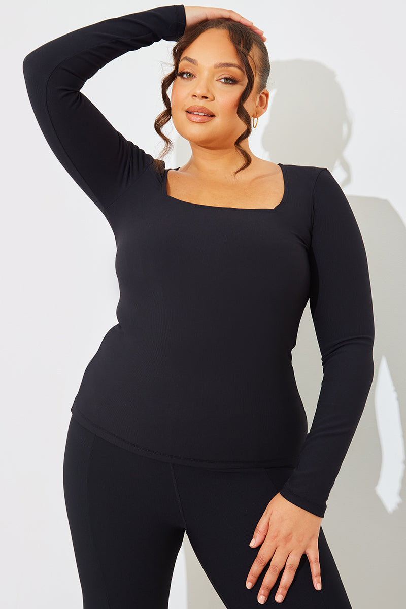 Square Neck Long Sleeve Rib Top