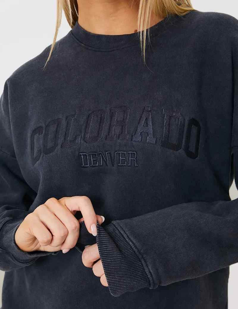 'Colorado' Acid Wash Slogan Sweater - InTheStyle