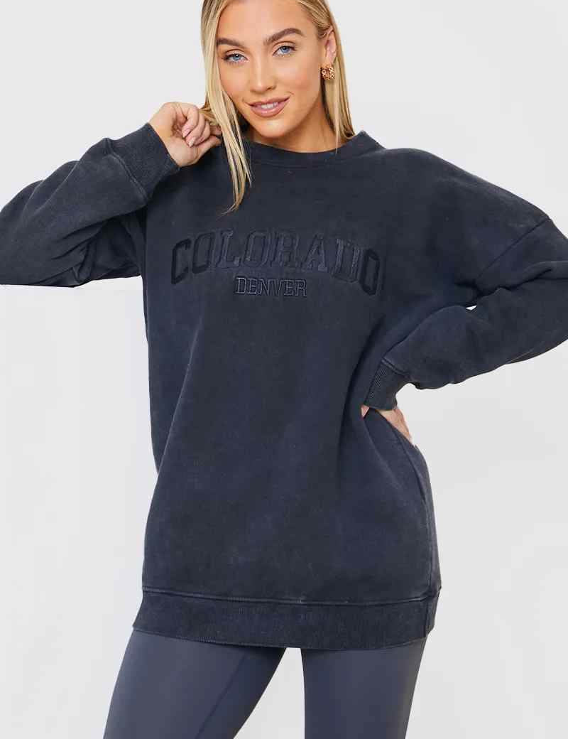 'Colorado' Acid Wash Slogan Sweater - InTheStyle
