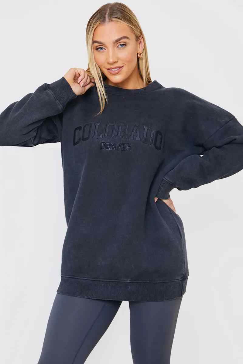 'Colorado' Acid Wash Slogan Sweater - InTheStyle