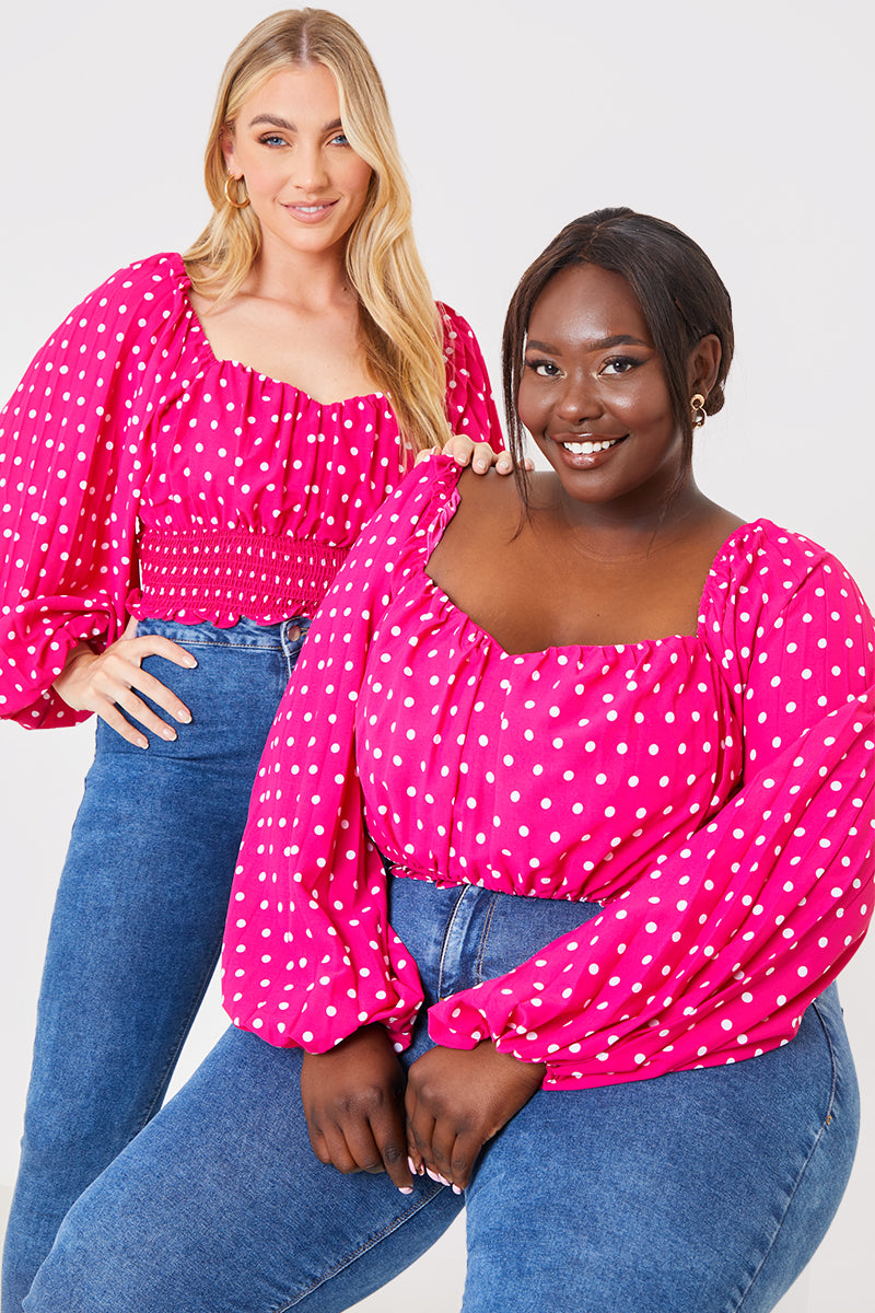 Polka Dot Shirred Waist Top