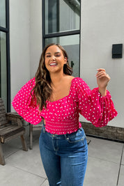 Polka Dot Shirred Waist Top