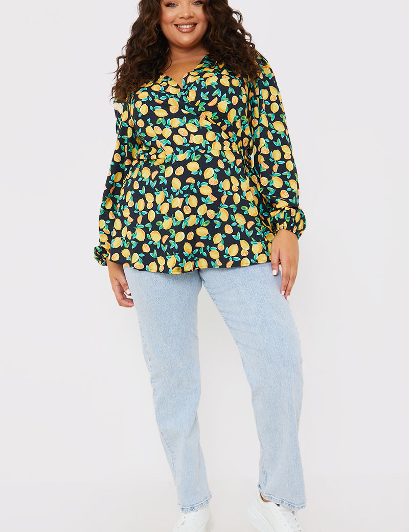 Lemon Print Tie Front Wrap Top