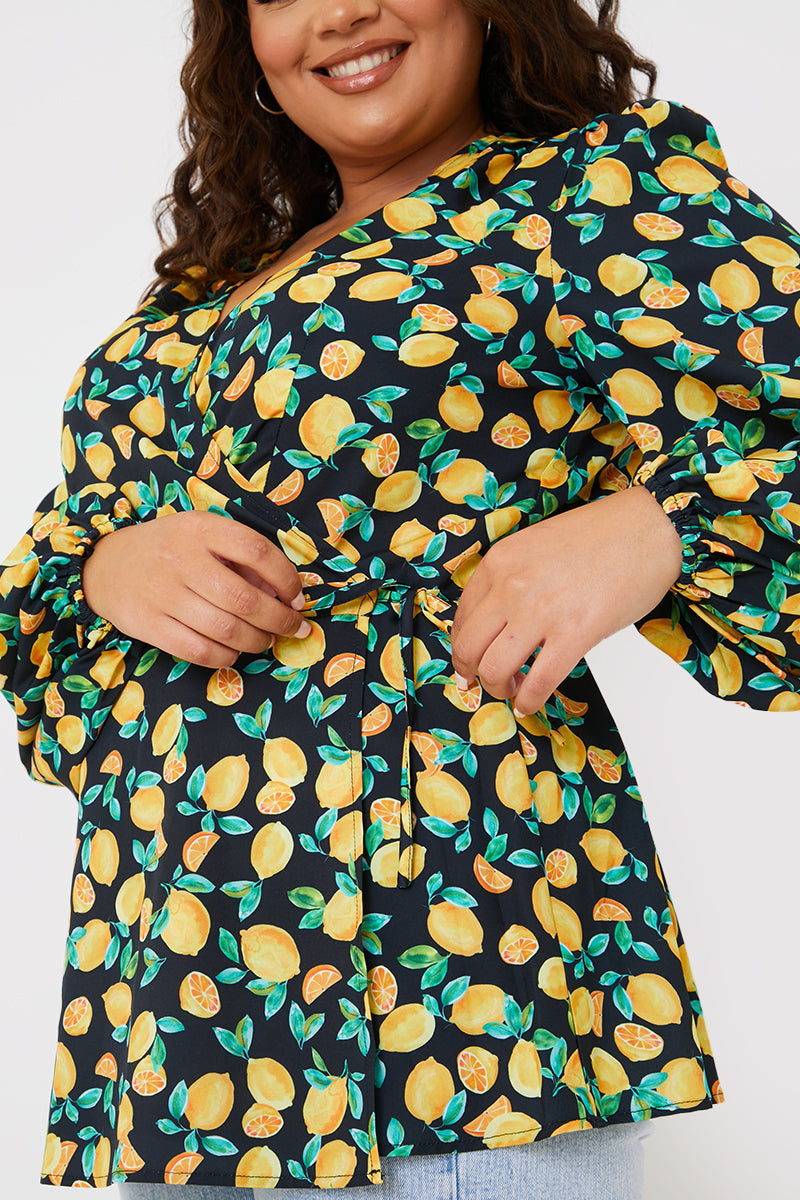 Lemon Print Tie Front Wrap Top