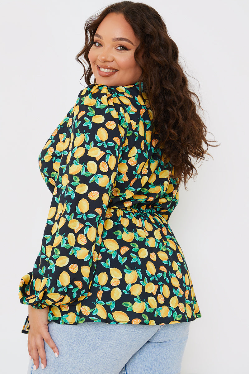 Lemon Print Tie Front Wrap Top