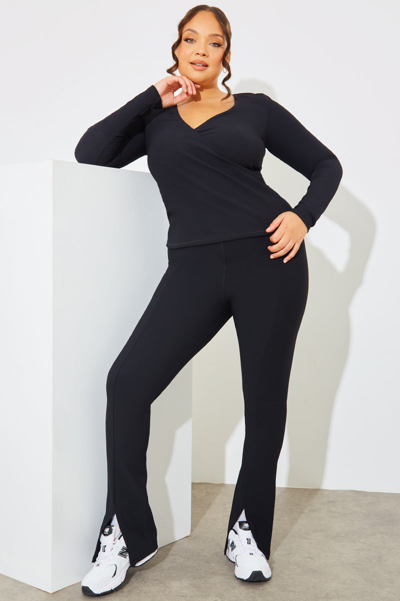 Wrap Front Rib Long Sleeve Top