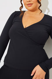 Wrap Front Rib Long Sleeve Top