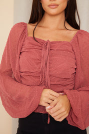 Mesh Dobby Ruched Front Top