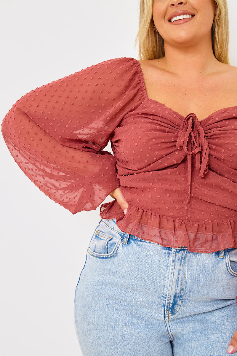 Mesh Dobby Ruched Front Top
