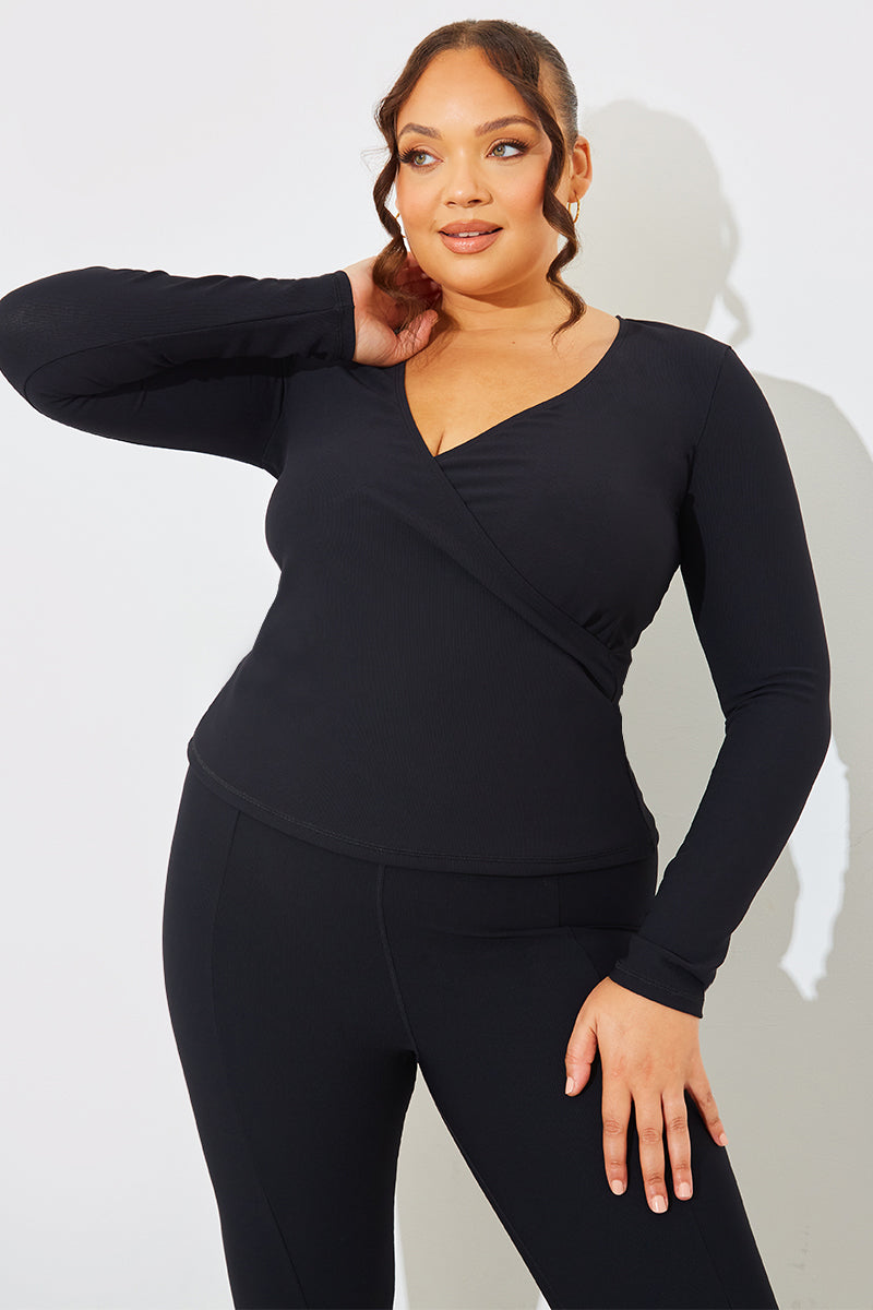 Wrap Front Rib Long Sleeve Top