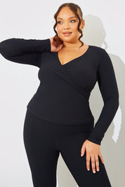 Wrap Front Rib Long Sleeve Top