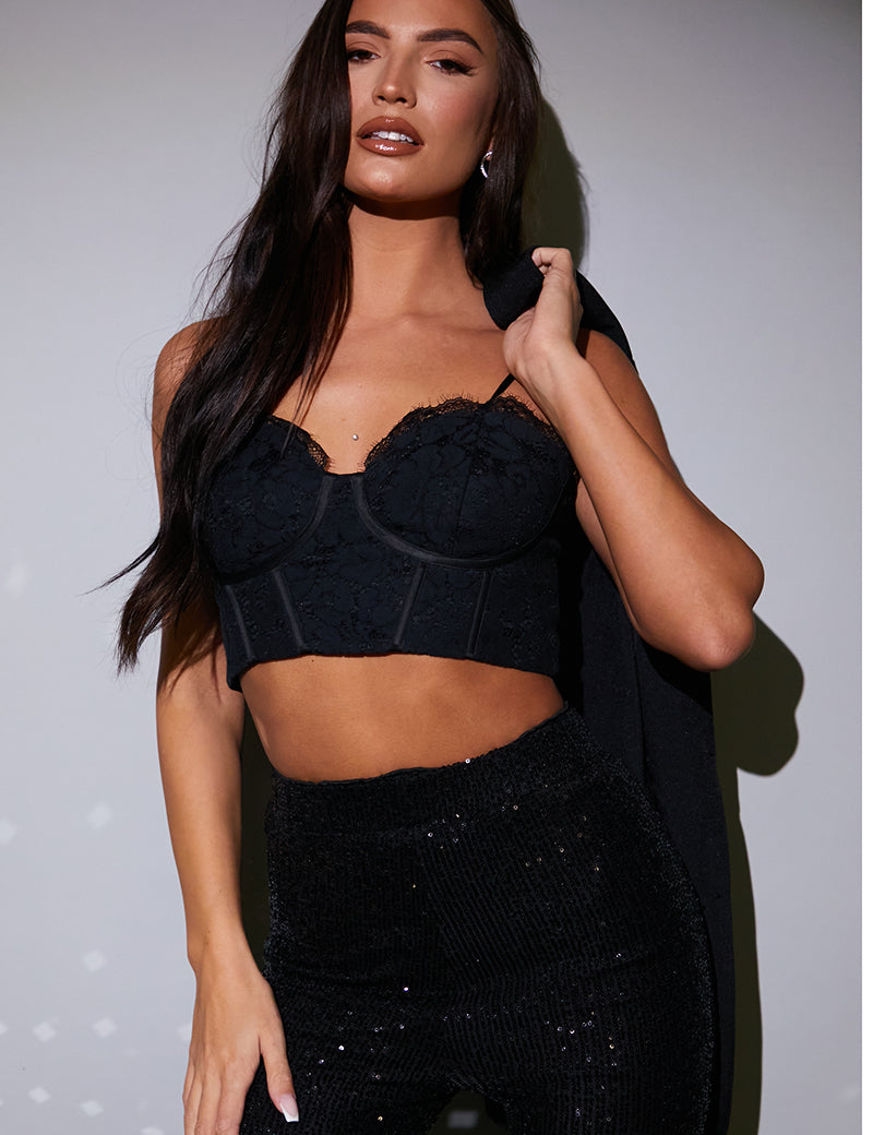 Black Structured Lace Crop Top