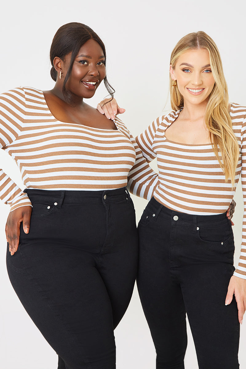 Rib Striped Long Sleeve Square Neck Bodysuit
