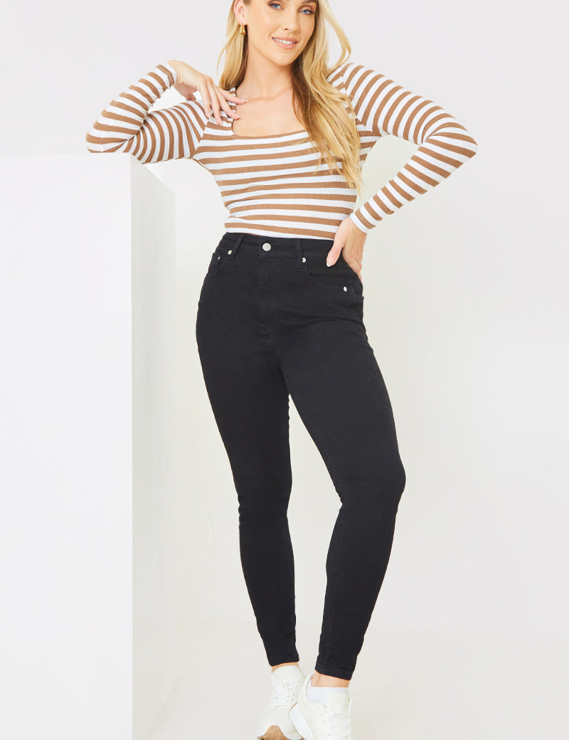 Rib Striped Long Sleeve Square Neck Bodysuit