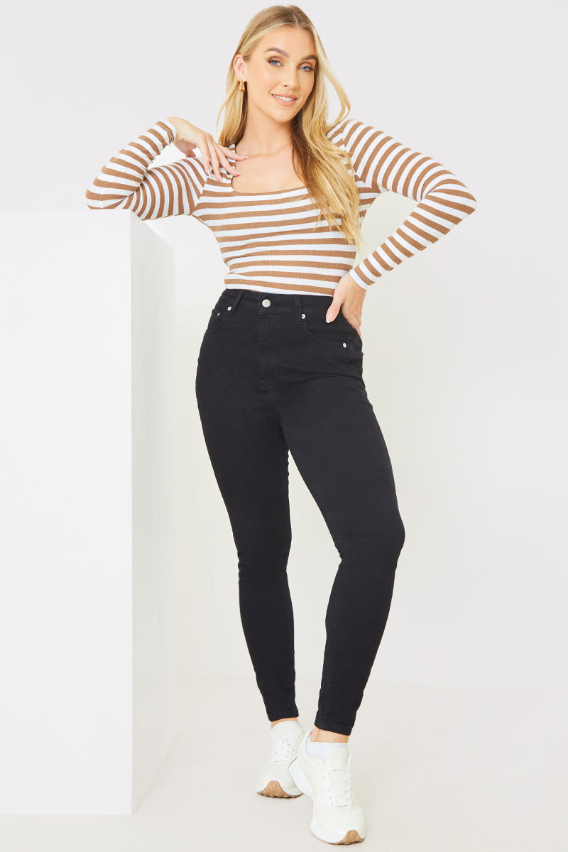Rib Striped Long Sleeve Square Neck Bodysuit