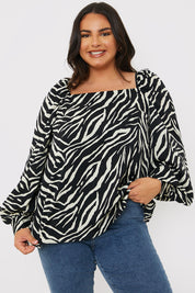 Zebra Woven Balloon Sleeve Blouse