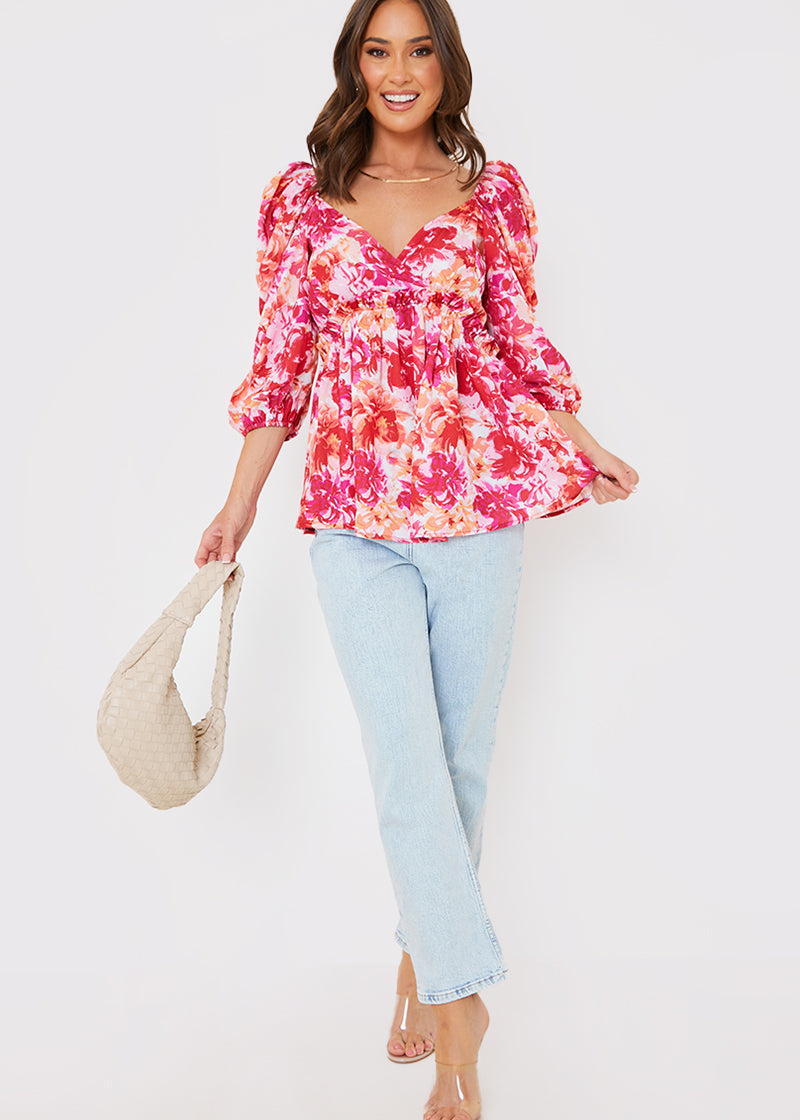 Floral Print Puff Sleeve Blouse