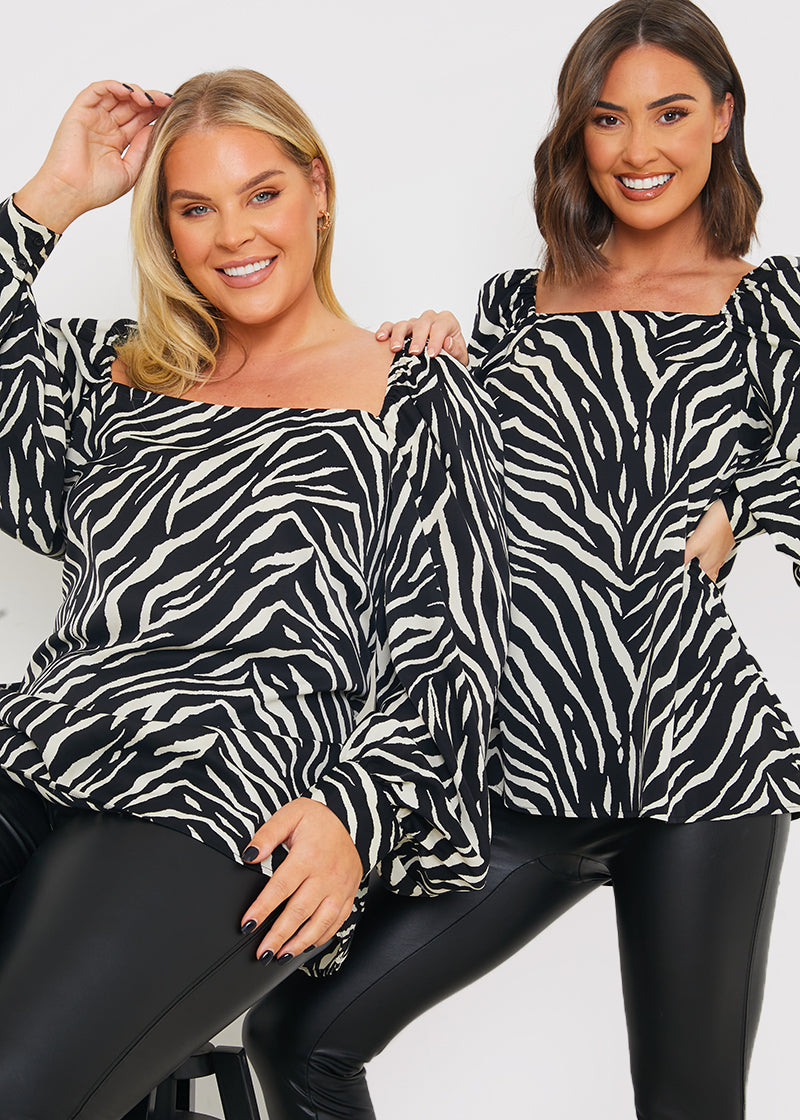 Zebra Woven Balloon Sleeve Blouse