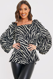 Zebra Woven Balloon Sleeve Blouse