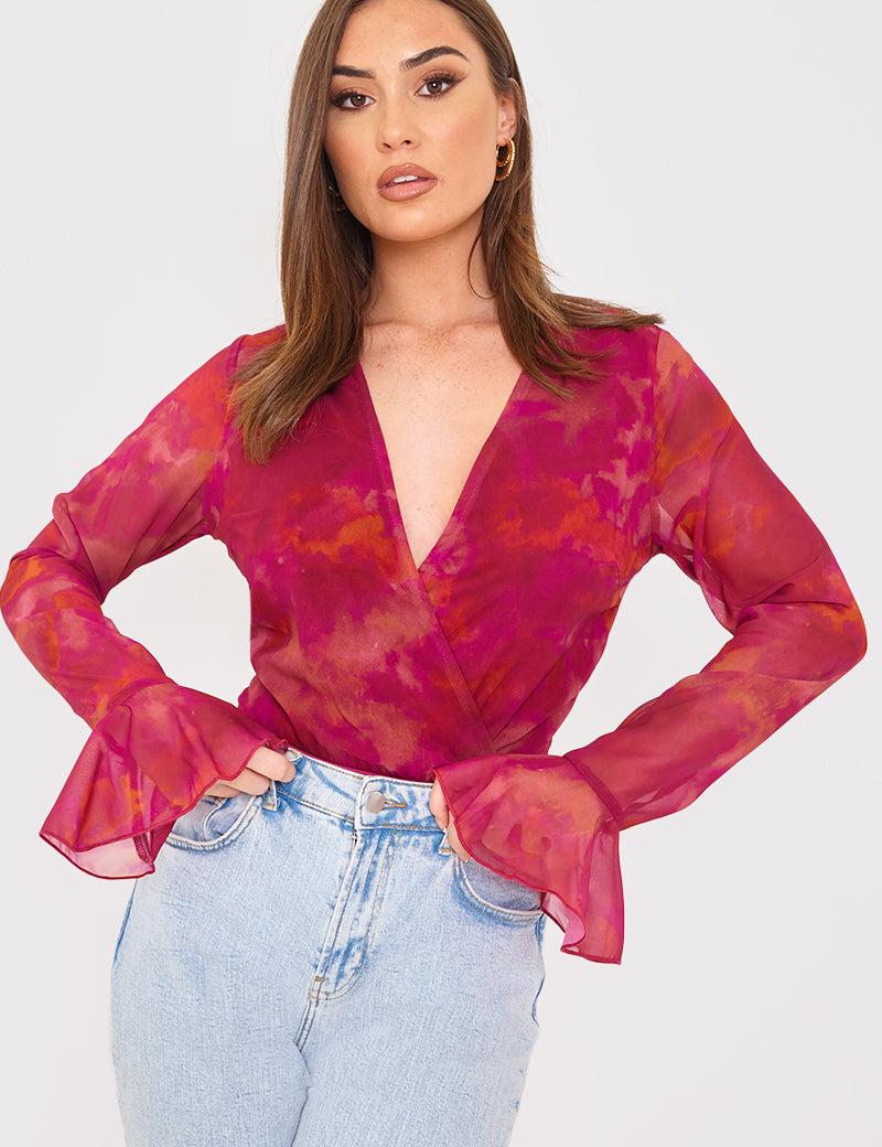 Wrap Front Flared Cuff Bodysuit