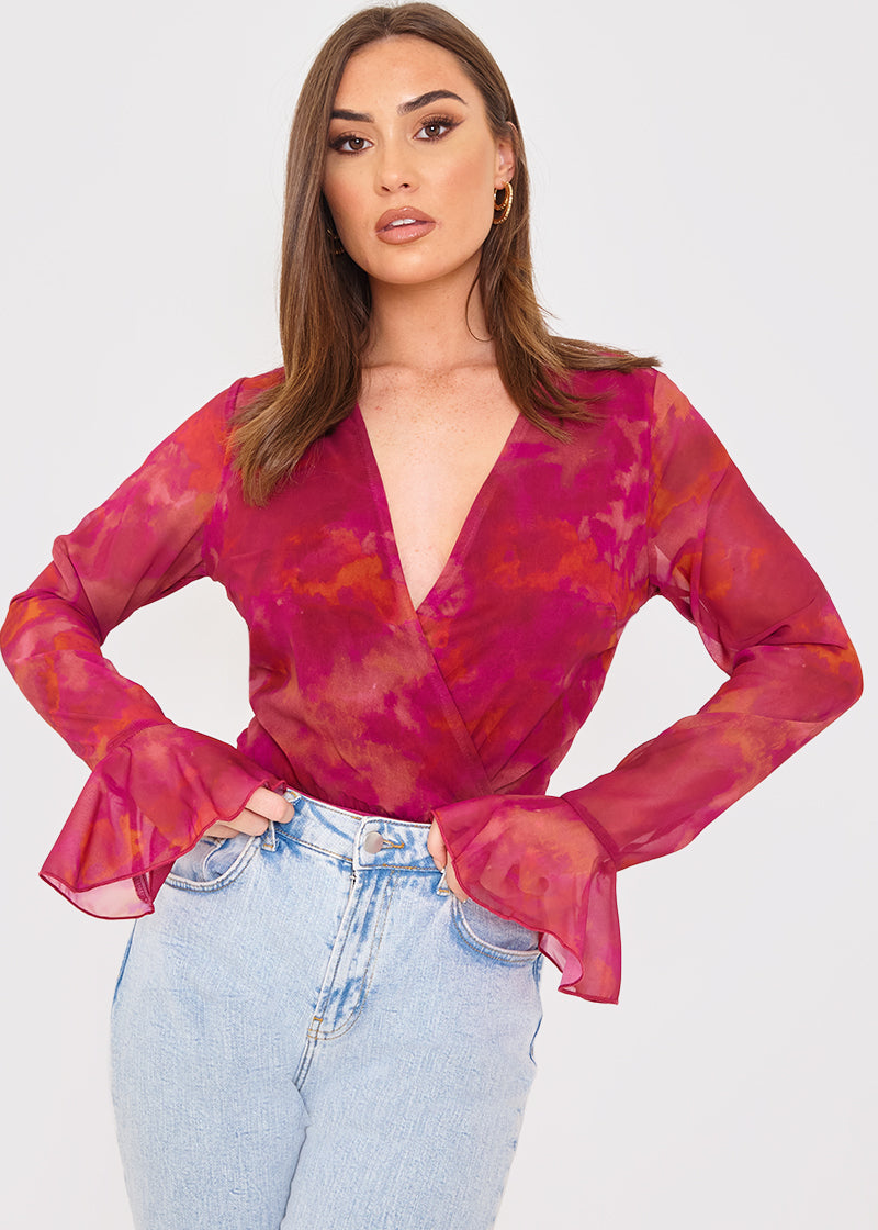 Wrap Front Flared Cuff Bodysuit