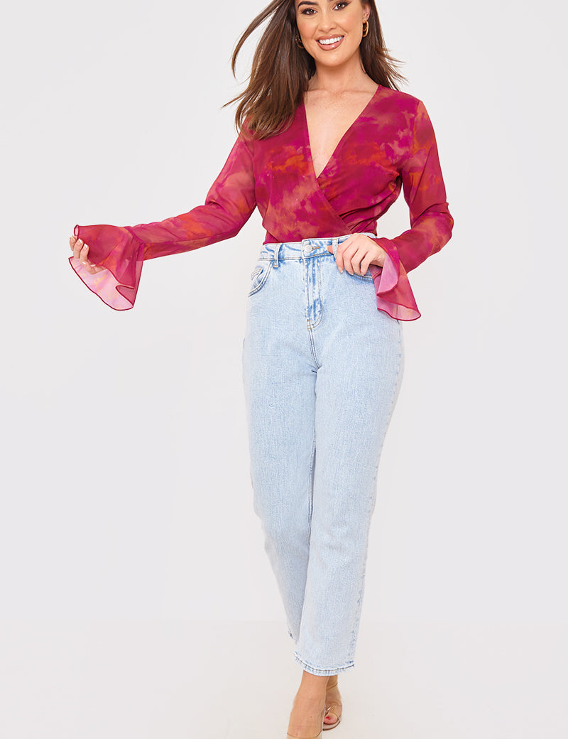 Wrap Front Flared Cuff Bodysuit