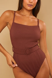 Control Print Square Neck Swimsuit With Belt Detail