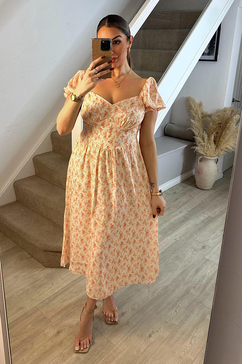 Cream Floral Print Puff Sleeve Milkmaid Midi Dress InTheStyle Cream Floral Print Puff Sleeve Milkmaid Midi Dress InTheStyle