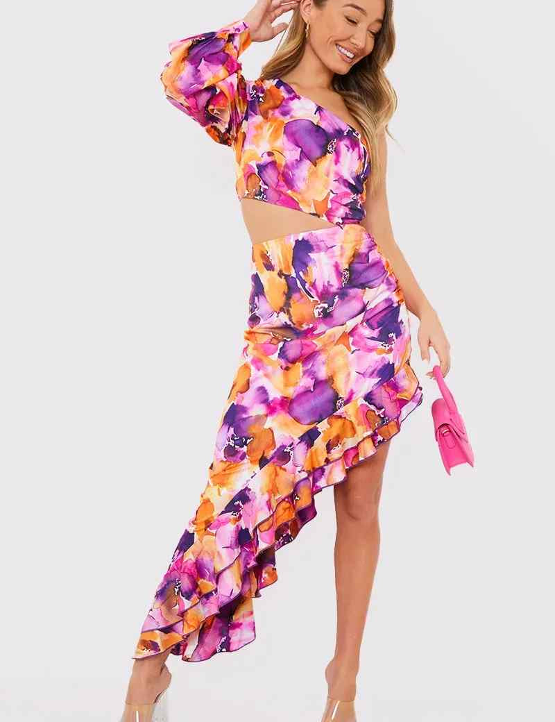 Floral Asymmetric Frill Maxi Dress