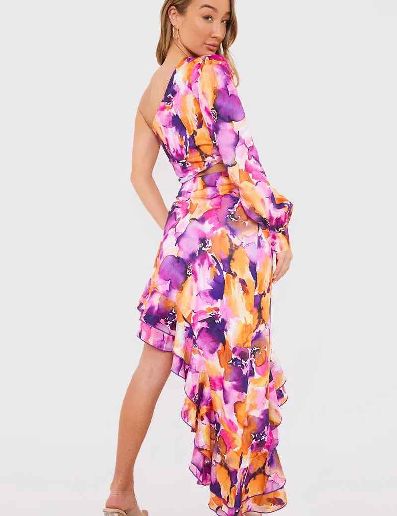 Floral Asymmetric Frill Maxi Dress