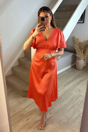 Coral Satin Flutter Sleeve Midaxi Slip Dress