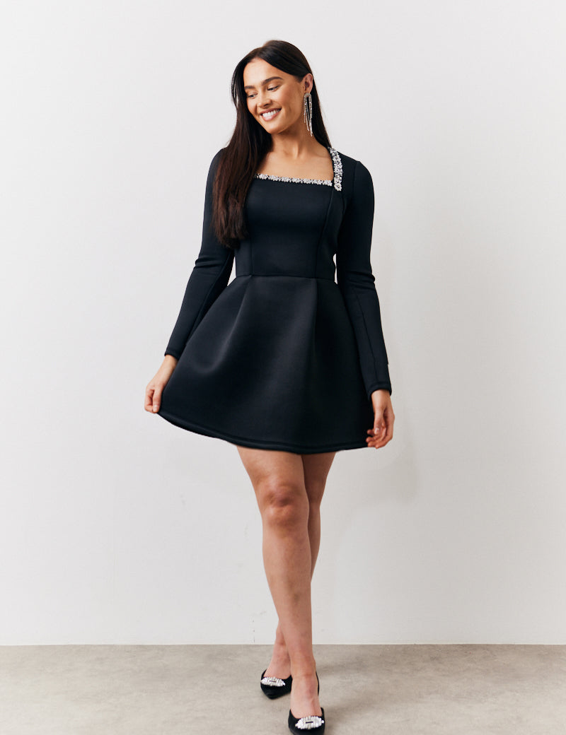 Black Embellished Neckline Black Mini Dress