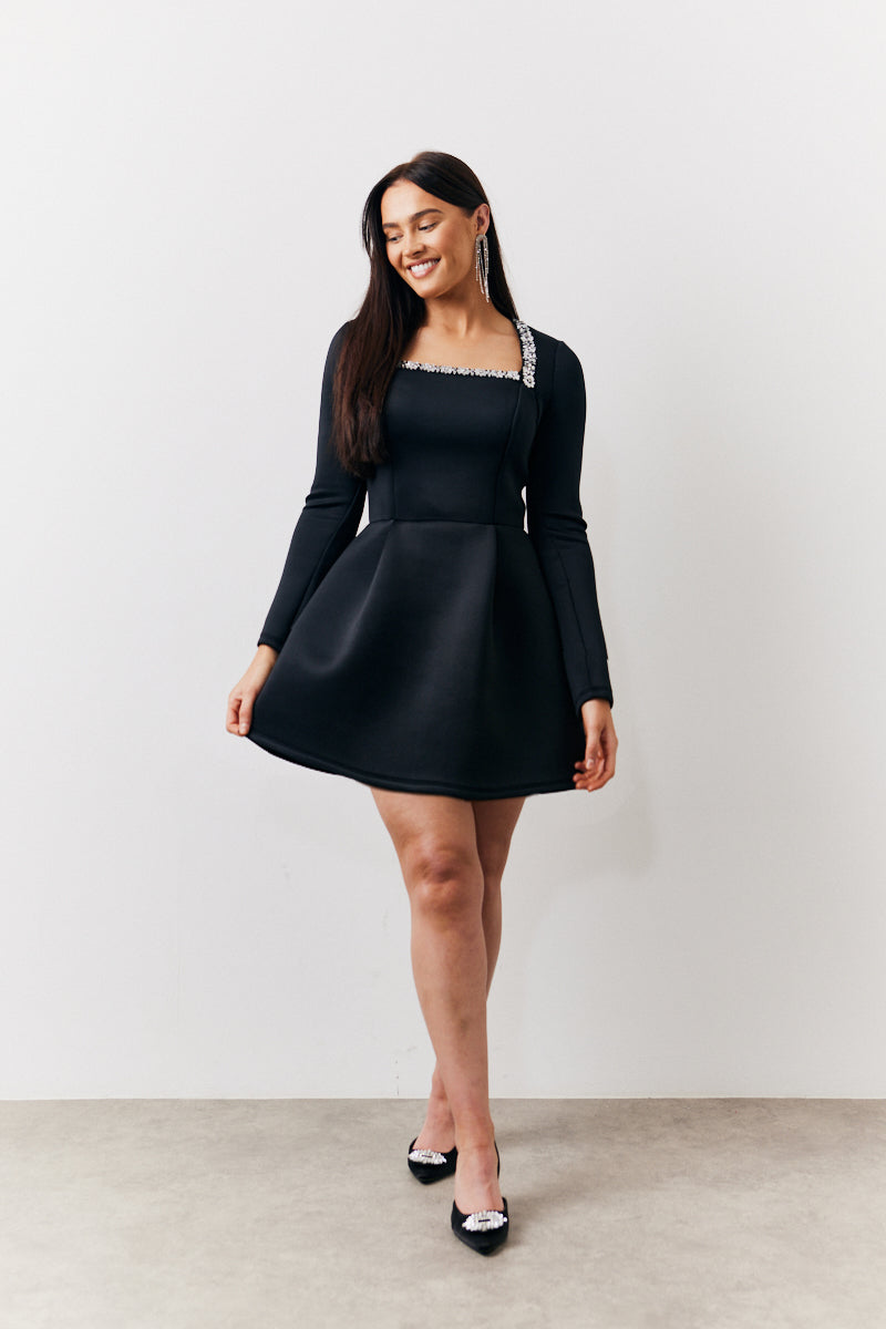 Black Embellished Neckline Black Mini Dress