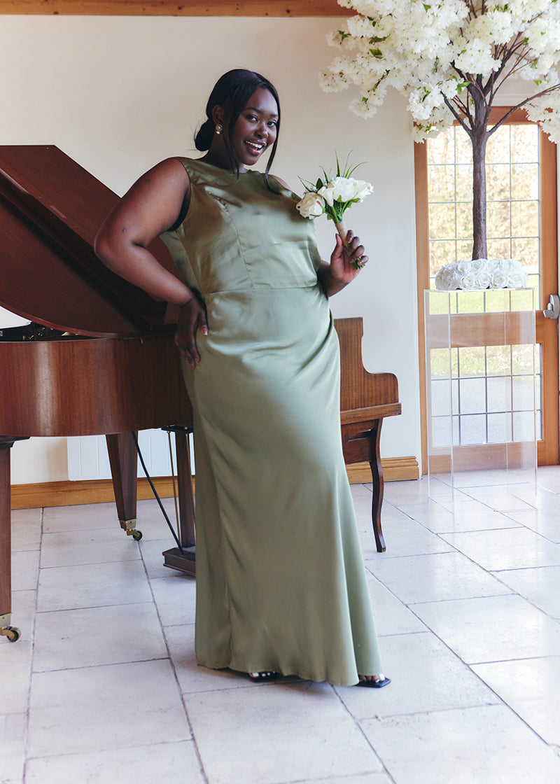 Olive Satin Cowl Back Maxi Dress