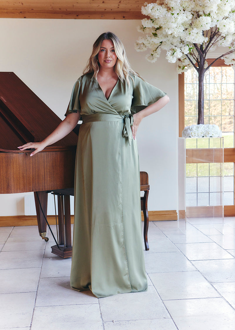 Olive Satin Wrap Tie Angel Sleeve Maxi Dress